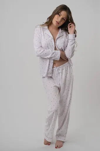 Cotton Long Sleeve Pajama Set, Button - Front